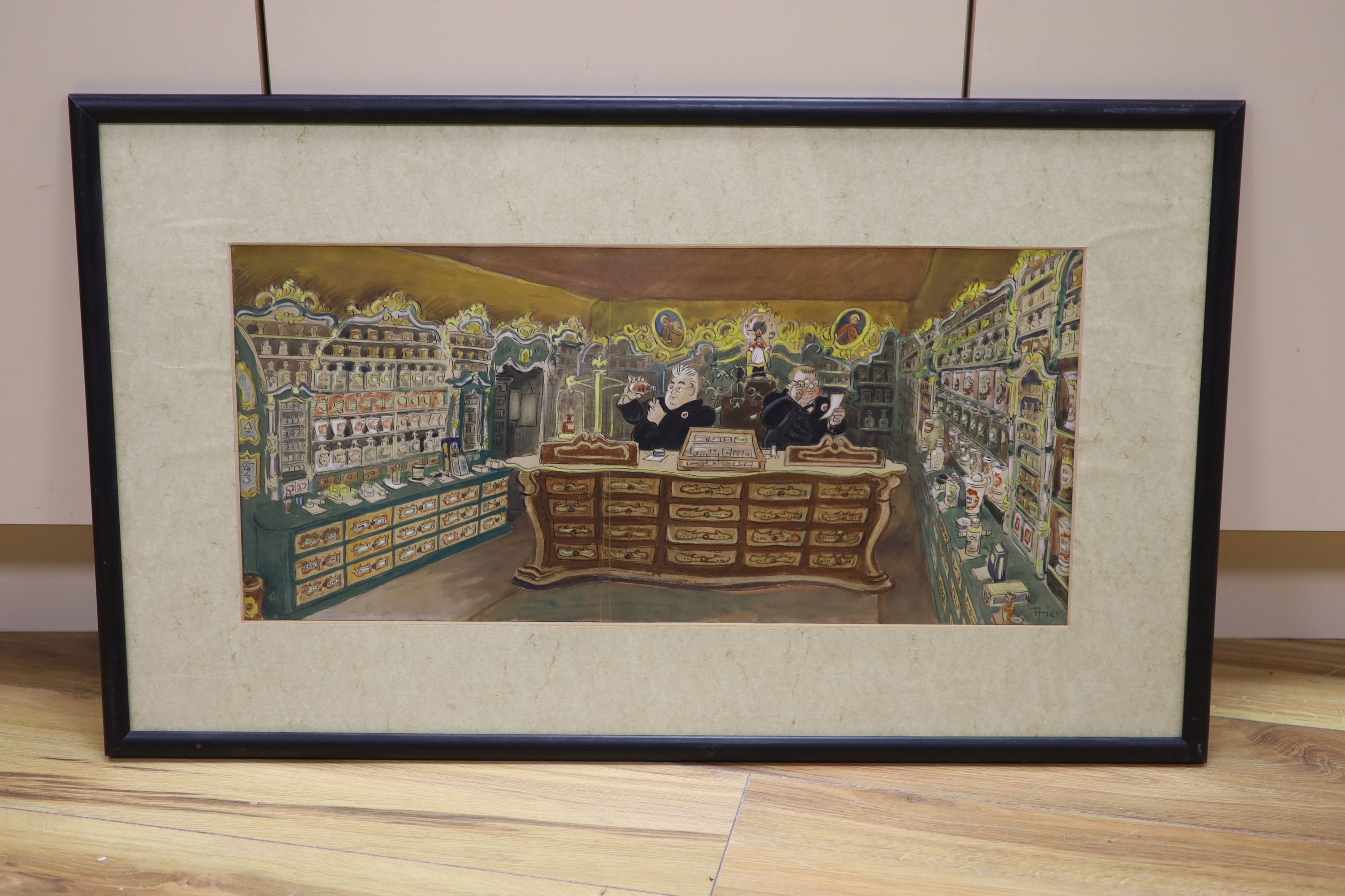 Walter Trier (1890-1951), ink and watercolour, Apothecary shop interior, signed, 28 x 62cm